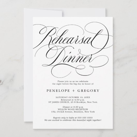 Invitation Calligraphie moderne dîner de répétition noire int (Devant)