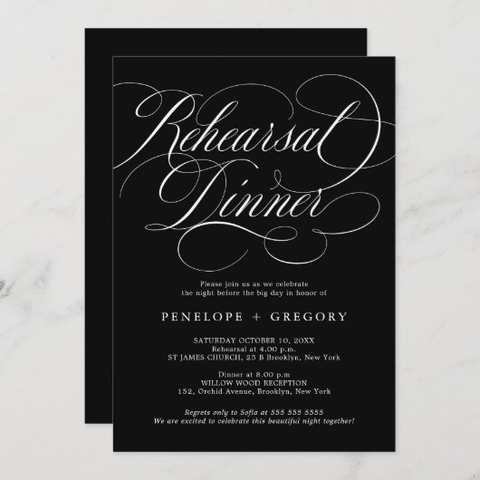 Invitation Calligraphie moderne dîner de répétition noire int (Devant / Derrière)