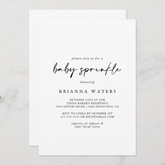 Invitation Calligraphie Moderne Élégant Bébé Sprinkel (Devant / Derrière)