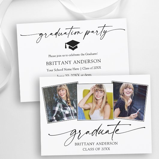 Invitation Calligraphie moderne Encre 3 Photos Graduation Par