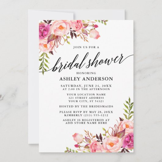 Invitation Calligraphie moderne Fête des mariées florale rose (Devant)