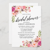 Invitation Calligraphie moderne Fête des mariées florale rose (Devant / Derrière)
