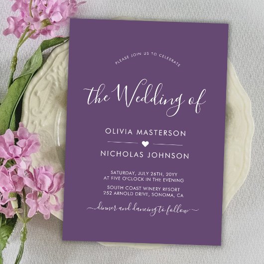 Invitation Calligraphie moderne Heart Mauve QR Code Mariage