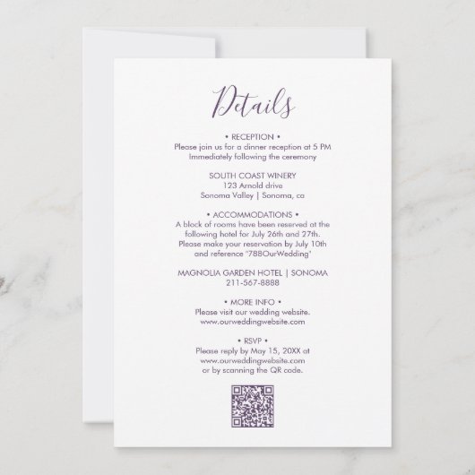 Invitation Calligraphie moderne Heart Mauve QR Code Mariage (Dos)