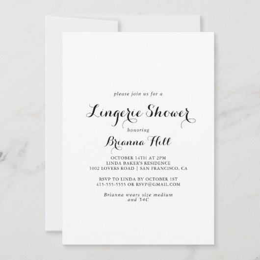 Invitation Calligraphie moderne Lingerie nuptiale douche (Devant)
