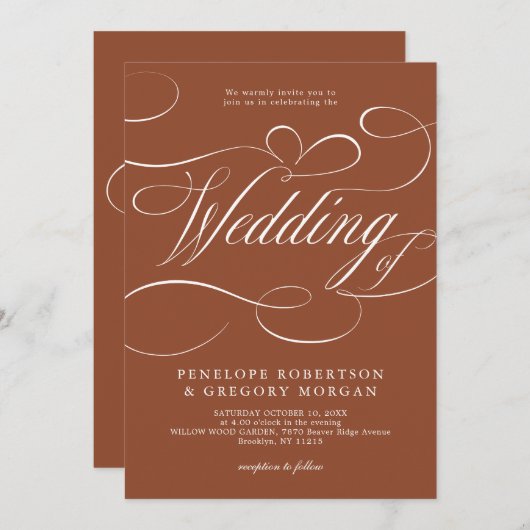 Invitation Calligraphie moderne Mariage en terre cuite intemp (Devant / Derrière)