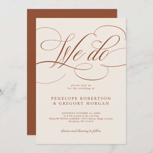 Invitation Calligraphie moderne Mariage en terre cuite intemp (Devant / Derrière)