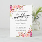 Invitation Calligraphie moderne Mariage floral rose (Debout devant)