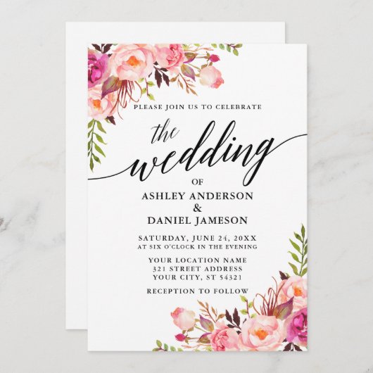 Invitation Calligraphie moderne Mariage floral rose (Devant / Derrière)