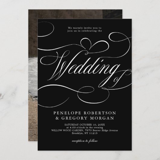 Invitation Calligraphie moderne mariage noir argent intempore (Devant / Derrière)