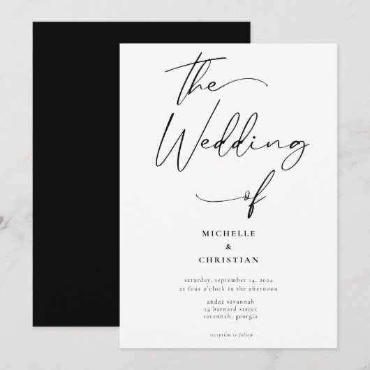 Invitation Calligraphie moderne Mariage noir solide (Devant / Derrière)
