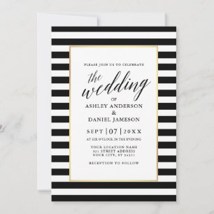 Invitation Calligraphie moderne Mariage rayé Gold Frame