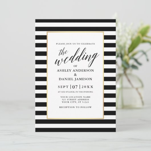 Invitation Calligraphie moderne Mariage rayé Gold Frame (Debout devant)