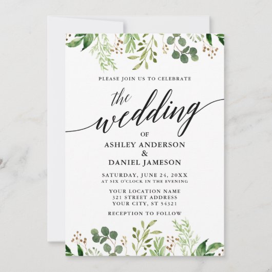 Invitation Calligraphie moderne Mariage vert botanique (Devant)
