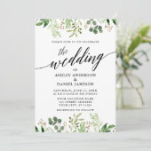 Invitation Calligraphie moderne Mariage vert botanique (Debout devant)