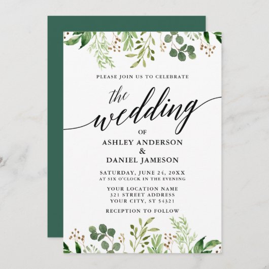 Invitation Calligraphie moderne Mariage vert botanique (Devant / Derrière)
