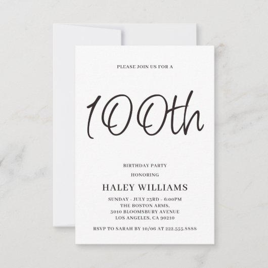 Invitation Calligraphie moderne minimaliste 100e anniversaire (Devant)