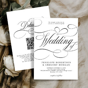 Invitation Calligraphie moderne noir blanc code QR mariage