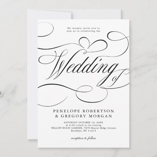 Invitation Calligraphie moderne noir blanc code QR mariage (Devant)