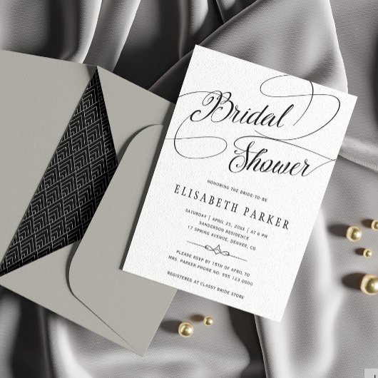 Invitation Calligraphie moderne noir et blanc douche nuptiale