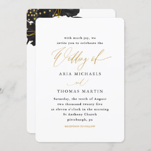 Invitation Calligraphie moderne noir et or Mariage floral