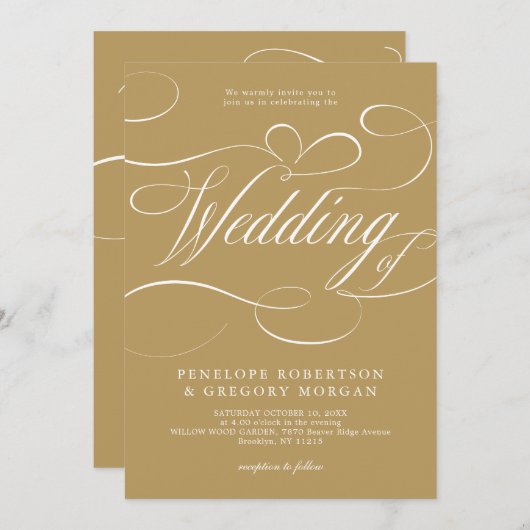 Invitation Calligraphie moderne or blanc code QR mariage (Devant / Derrière)