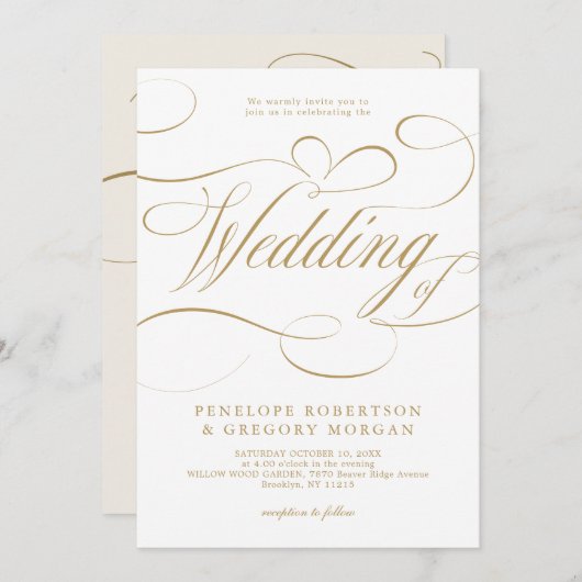 Invitation Calligraphie moderne or blanc code QR mariage (Devant / Derrière)