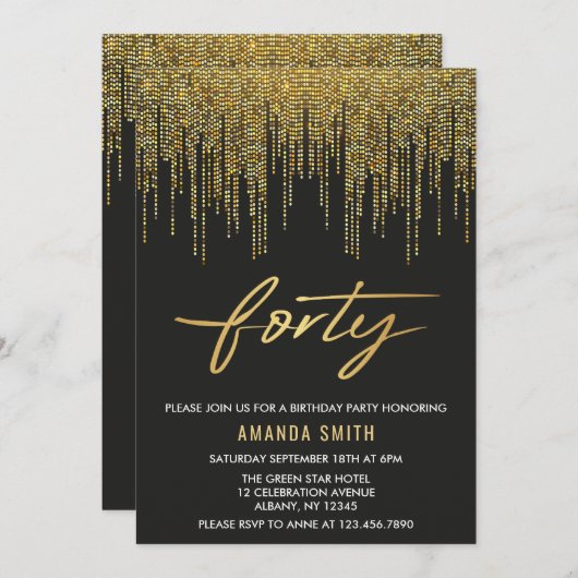 Invitation Calligraphie moderne Or et noir 40e anniversaire (Devant / Derrière)