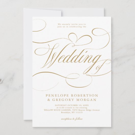 Invitation Calligraphie moderne or intemporel et mariage blan (Devant)
