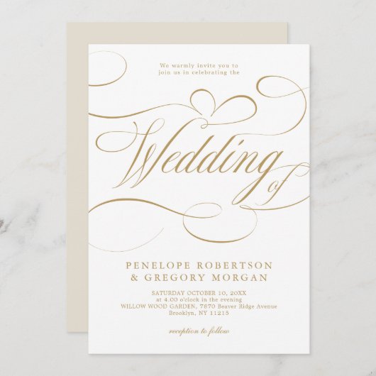 Invitation Calligraphie moderne or intemporel et mariage blan (Devant / Derrière)