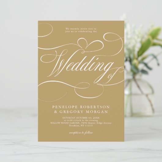 Invitation Calligraphie moderne or intemporel et mariage blan (Debout devant)