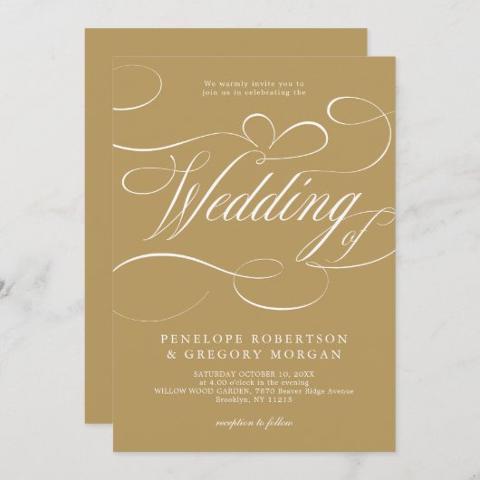 Invitation Calligraphie moderne or intemporel et mariage blan (Devant / Derrière)