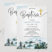 Invitation Calligraphie moderne Pins de montagne Baptême (Devant / Derrière)