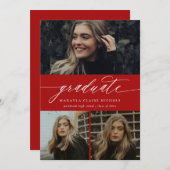 Invitation Calligraphie moderne Rouge Trois Photo Graduation (Devant / Derrière)