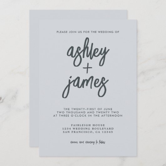 Invitation Calligraphie moderne simple Pastel Mariage bleu (Devant / Derrière)