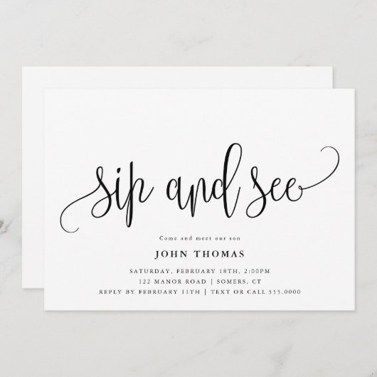 Invitation Calligraphie moderne Sip and See Baby Meet and Gre (Devant / Derrière)