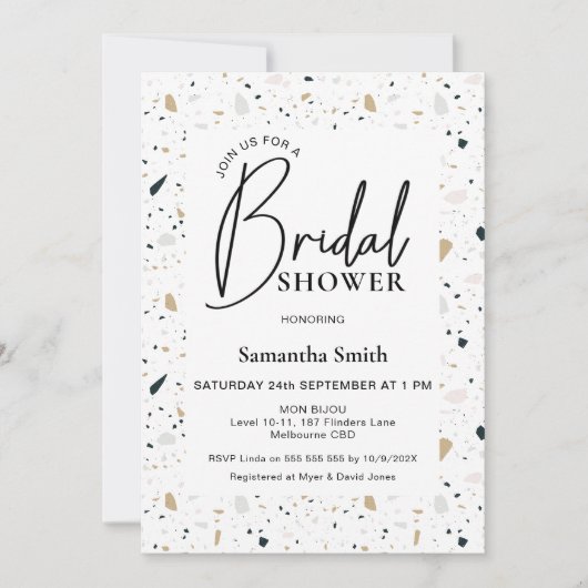 Invitation Calligraphie moderne Terrazzo Fête des mariées (Devant)