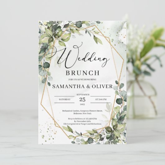 Invitation Calligraphie moderne verdure or brunch mariage (Debout devant)