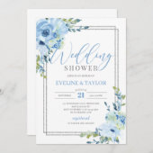 Invitation Calligraphie moderne wedding shower floral bleu (Devant / Derrière)