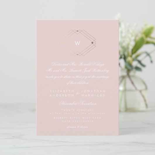 Invitation Calligraphie Monogram Gold Foil Blush Pink Mariage (Debout devant)