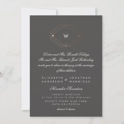Invitation Calligraphie Monogramme Formel Or Foil Charbon (Devant)