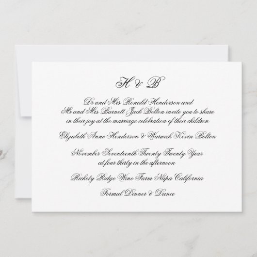 Invitation Calligraphie Monogramme Mariage classique noir et  (Devant)