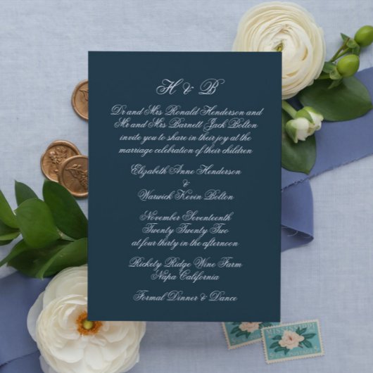 Invitation Calligraphie Monogramme Marine et blanc Mariage of