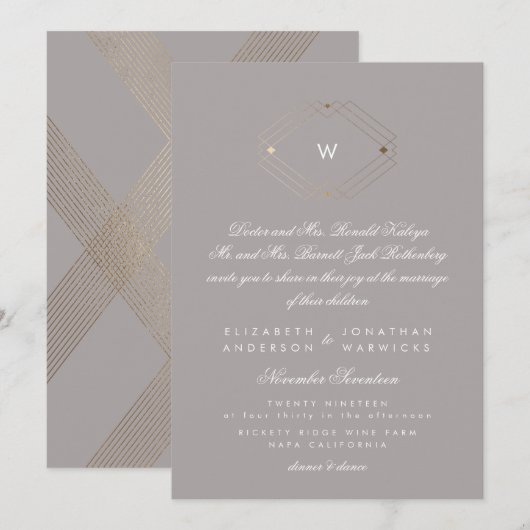 Invitation Calligraphie Monogramme Or Huile Gris Musc Mariage (Devant / Derrière)