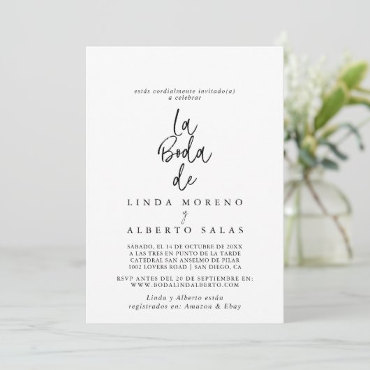 Invitation Calligraphie noir blanc La Boda de Mariage (Debout devant)