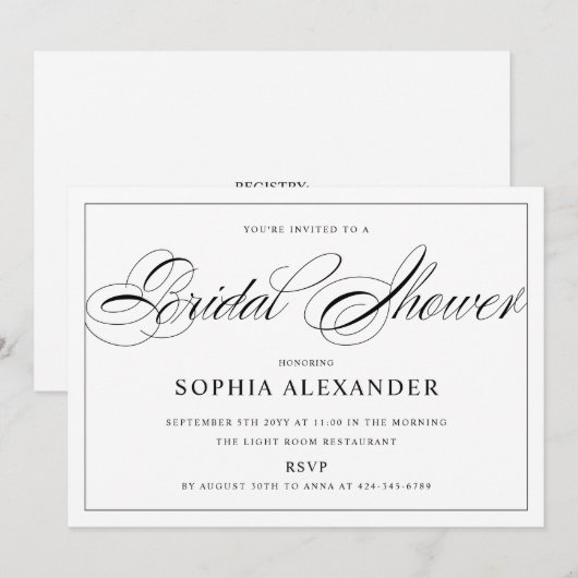 Invitation Calligraphie noir et blanc Fête des mariées élégan (Devant / Derrière)