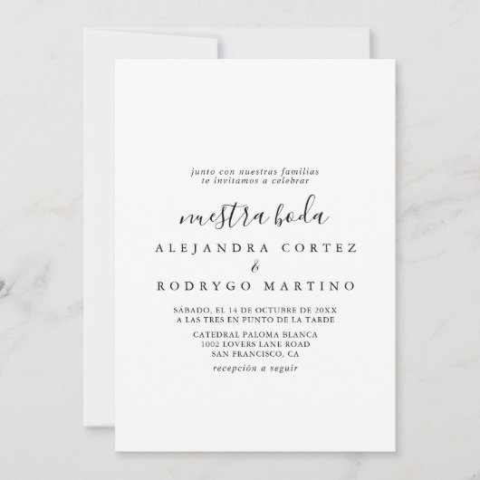 Invitation Calligraphie noir et blanc Nuestra Boda Mariage (Devant)