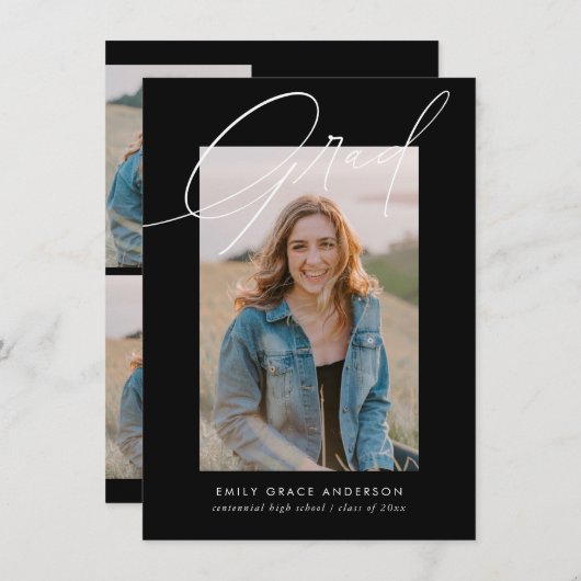 Invitation Calligraphie noire Budget photo QR Code Graduation (Devant / Derrière)