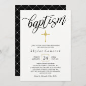 Invitation Calligraphie noire Croix d'or Baptême (Devant / Derrière)