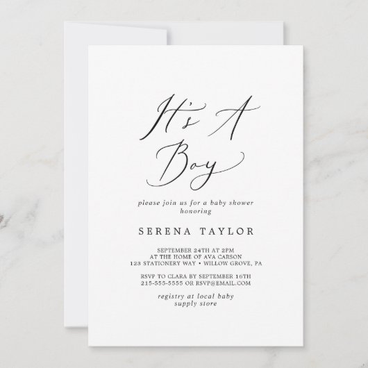 Invitation Calligraphie noire délicate C'est un Baby shower g (Devant)